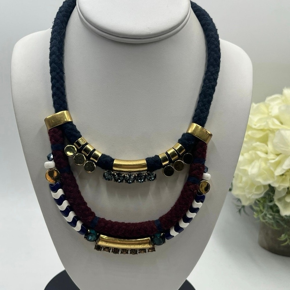 J. Crew MultiStrand Woven Blue Rope Burgundy and White Beaded Gold Tone Necklace